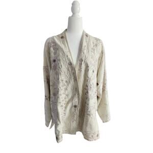 East Silk Short Kimono Duster Jacket Cardigan Embroided Beads 10 Ivory